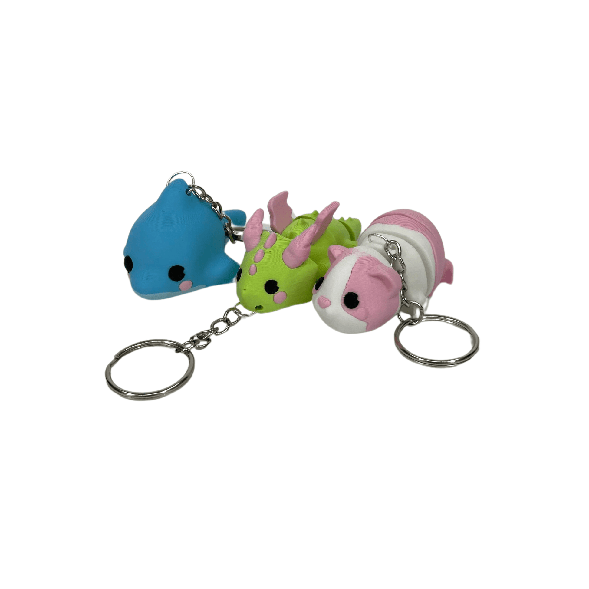 3-pack Nyckelringar – Delfin, Drake & Marsvin 3D-printade - Figurfabriken3D