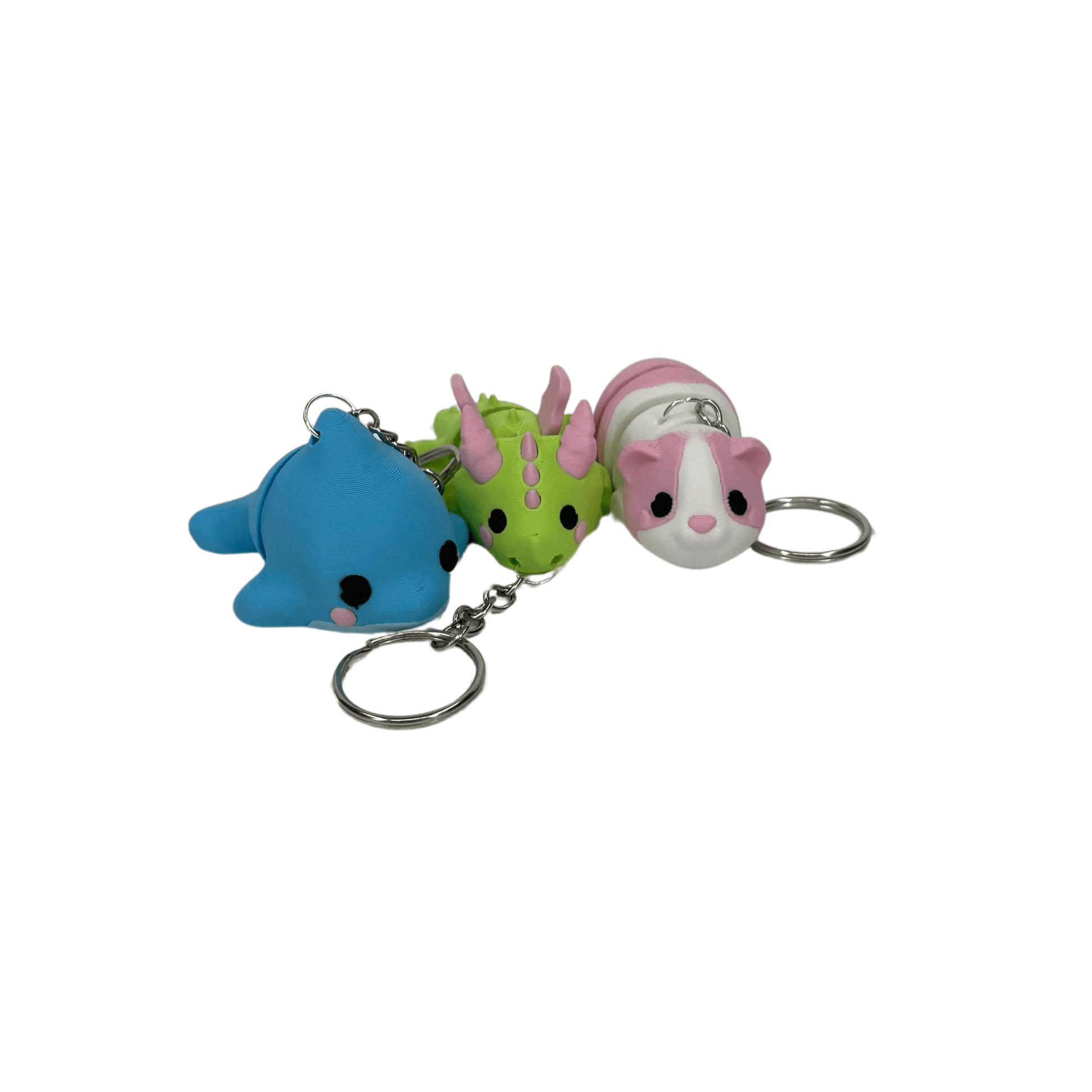 3-pack Nyckelringar – Delfin, Drake & Marsvin 3D-printade - Figurfabriken3D